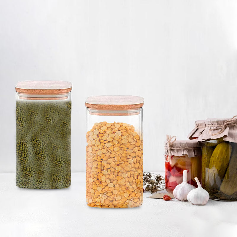 Glass Bamboo Lid Air Tight Jar | 1L | Set of 2