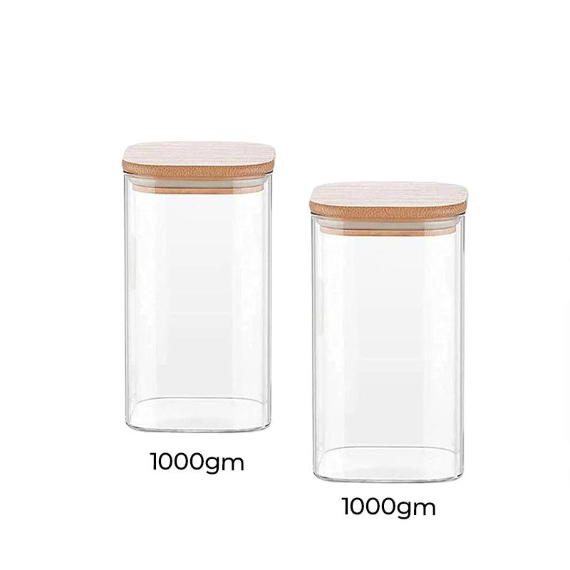 Glass Bamboo Lid Air Tight Jar | 1L | Set of 2