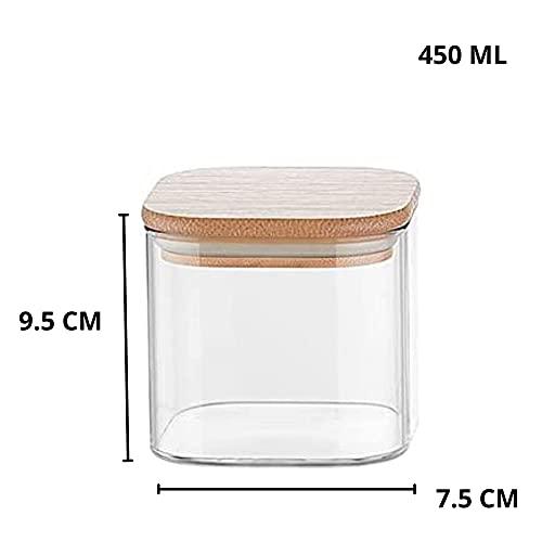Glass Bamboo Lid Air Tight Jar | 450 ml |Set of 4