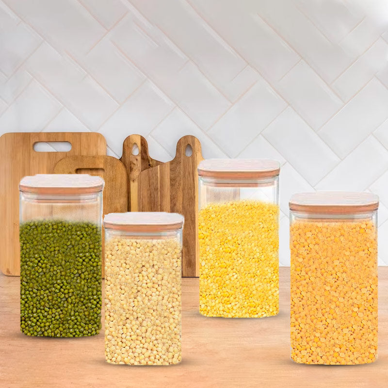 Glass Bamboo Lid Air Tight Jar | 700 ml | Set of 4