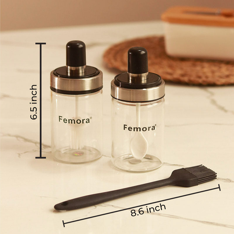 Borosilicate Glass Brush Jar and Spoon Jar- 250 ML with Silicon Basting Brush | Set of 3