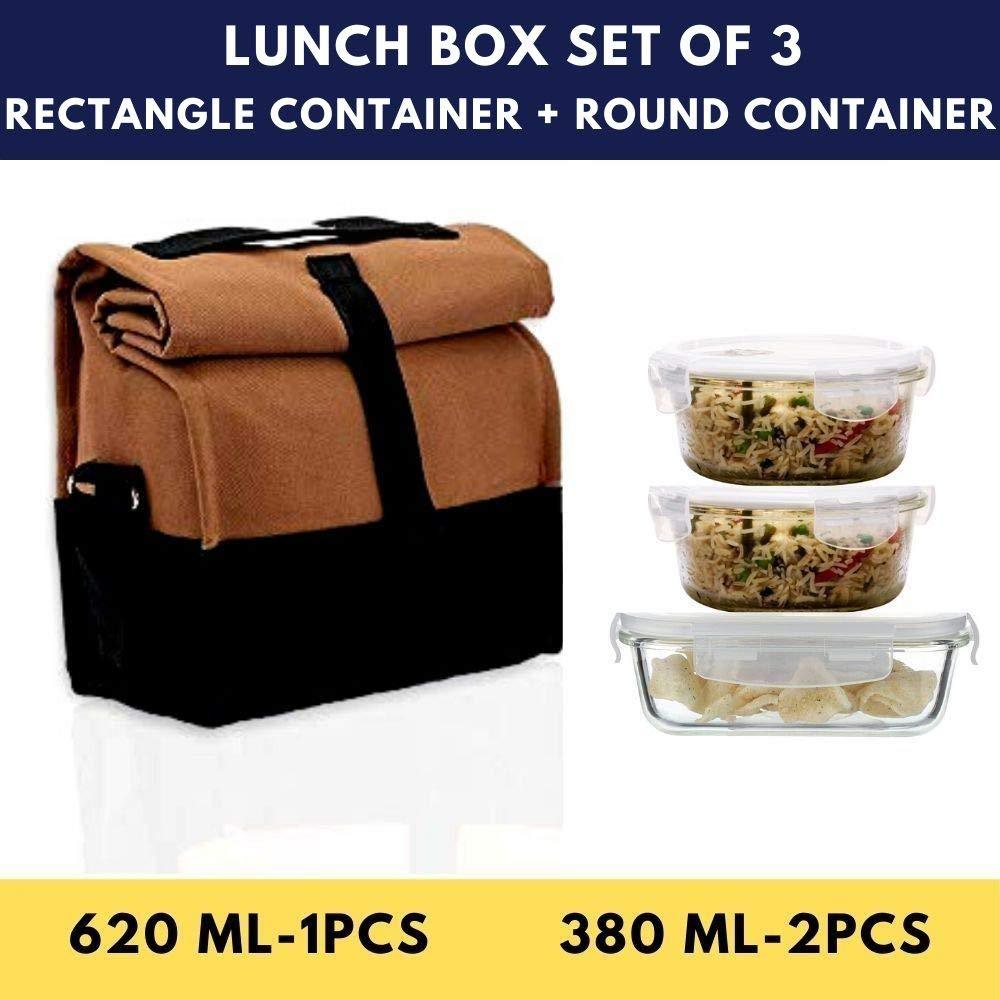 Glass Container Lunch Box | Set of 3 (1 Rectangle + 2 Round)
