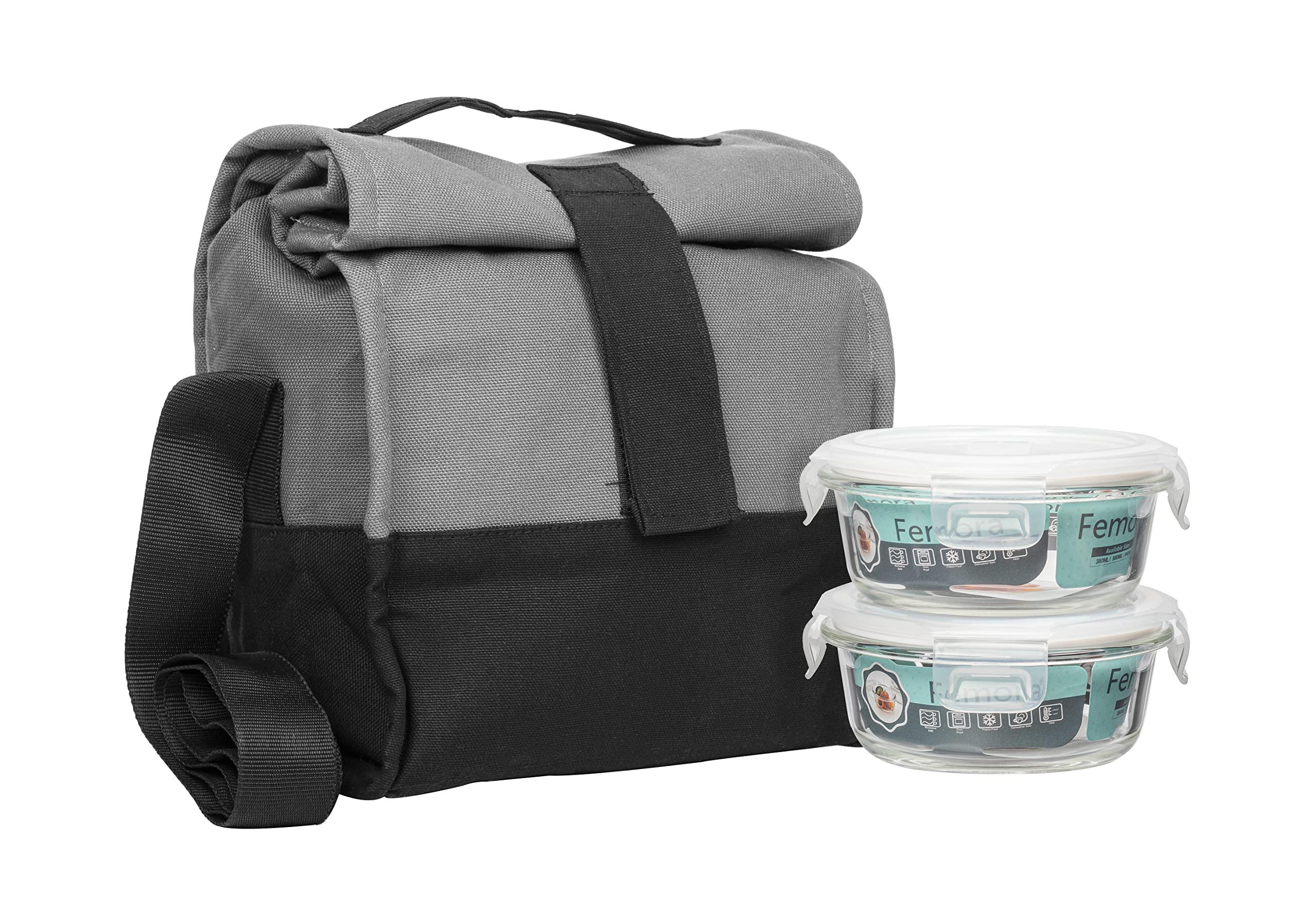 Borosilicate Glass Round Container Grey Black Canvas Lunch Box | 380 ml | Set of 2