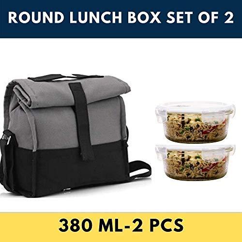 Borosilicate Glass Round Container Grey Black Canvas Lunch Box | 380 ml | Set of 2