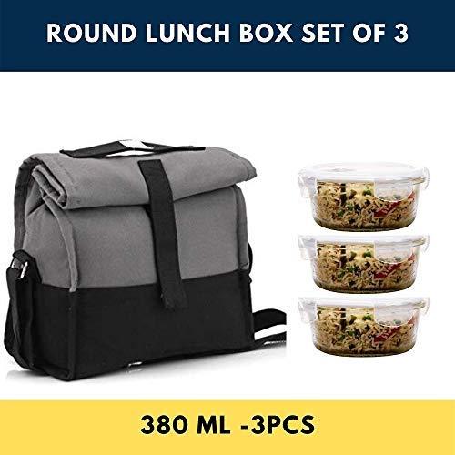 Borosilicate Glass Round Container Grey Black Canvas Lunch Box | 380 ml | Set of 3