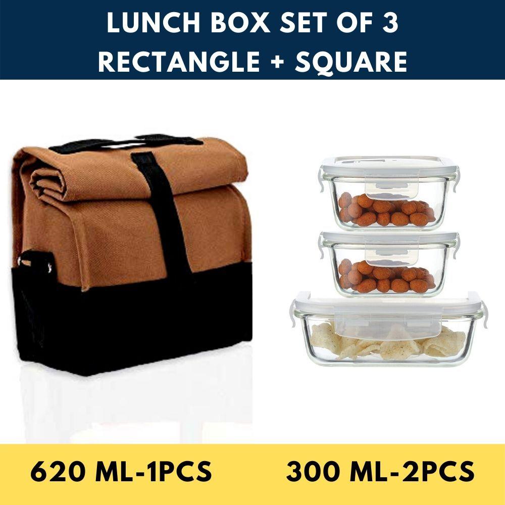 Glass Container Lunch Box | Set of 3 (1 Rectangle + 2 Round)