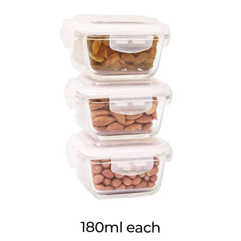 Glass Mini Food Storage Air-Tight Container | 180 ml | Set of 3