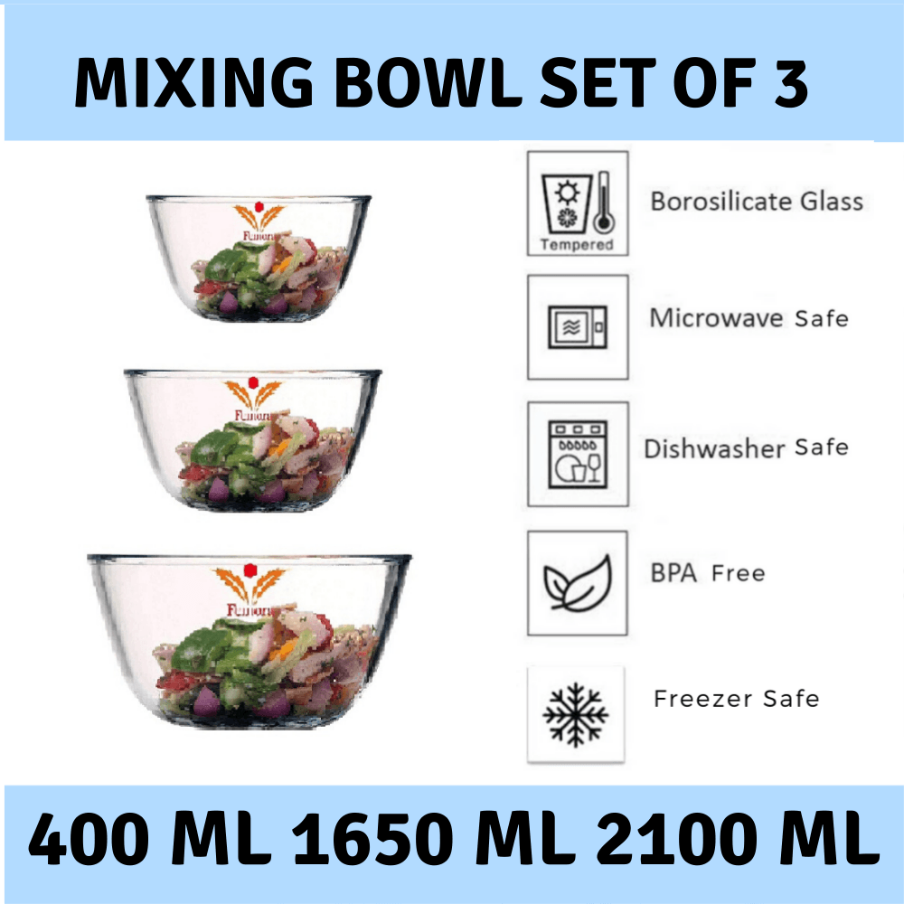 Glass All-Purpose Mixing Bowls | 400 ml, 1.6L & 2.1L | Set of 3