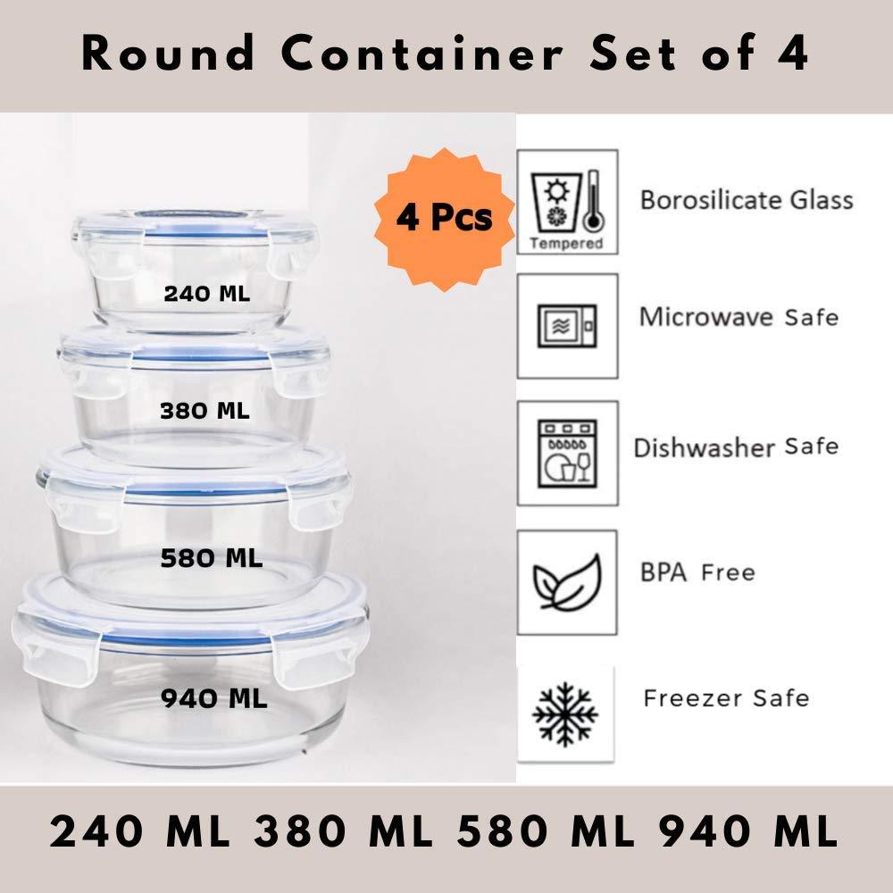 Borosilicate Glass Round Food Storage Container with Air Vent Lid | Mixed Size Combo | Set of 4