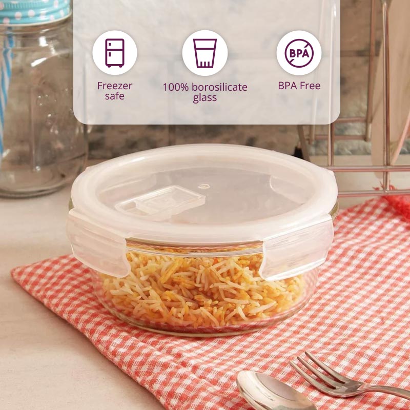 Borosilicate Glass Round Food Storage Container with Air Vent Lid | 380ml, 580ml, 940ml | Set of 2