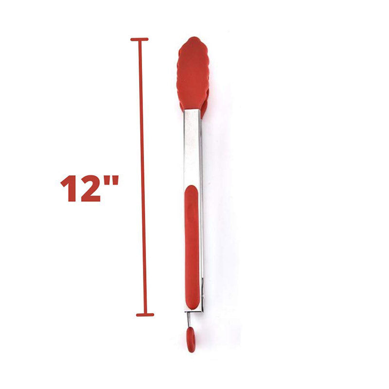 Red Silicone Food Tongs with Grip Handle | 12 inch | Set of 2