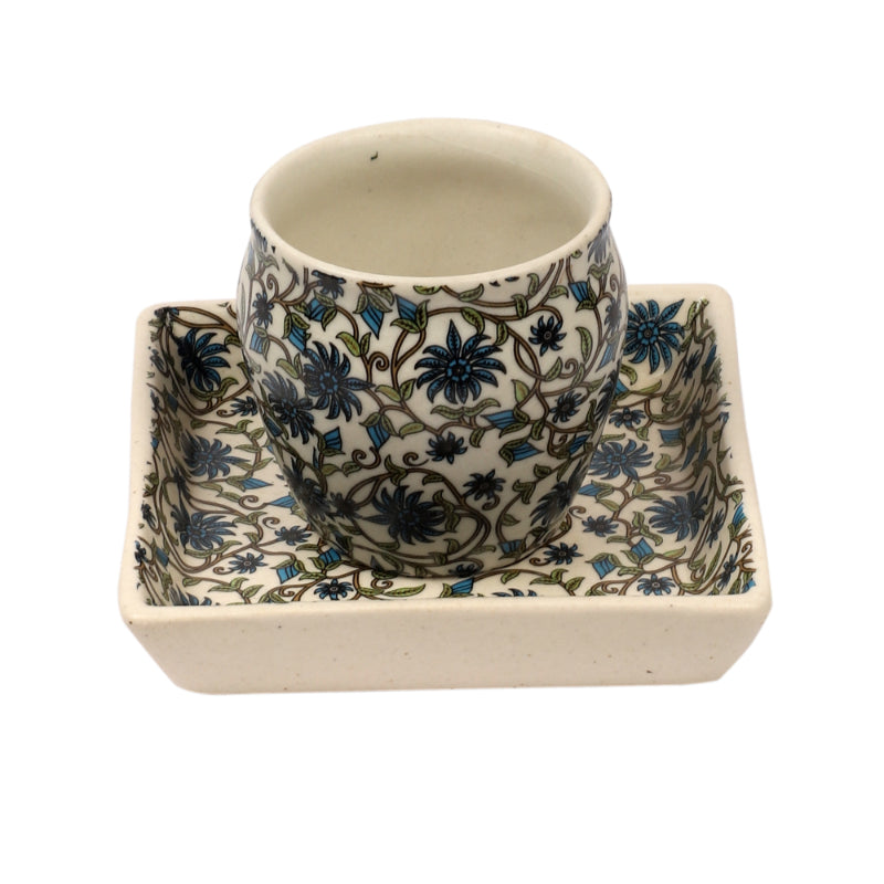 Blue Flower Print Kullad with Tray | Set of 4 Khullads & 2 Trays