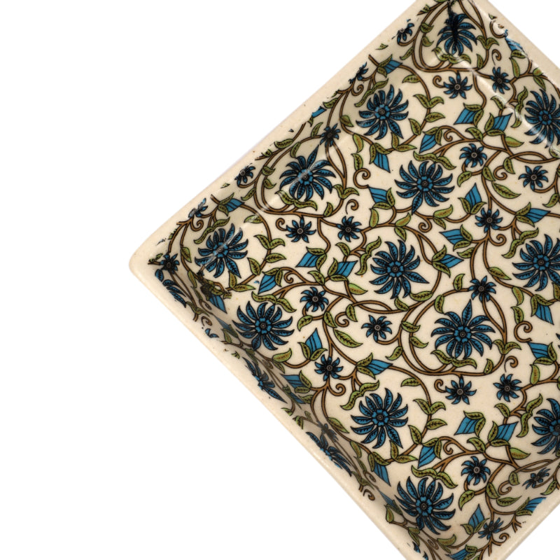 Blue Flower Print Kullad with Tray | Set of 4 Khullads & 2 Trays