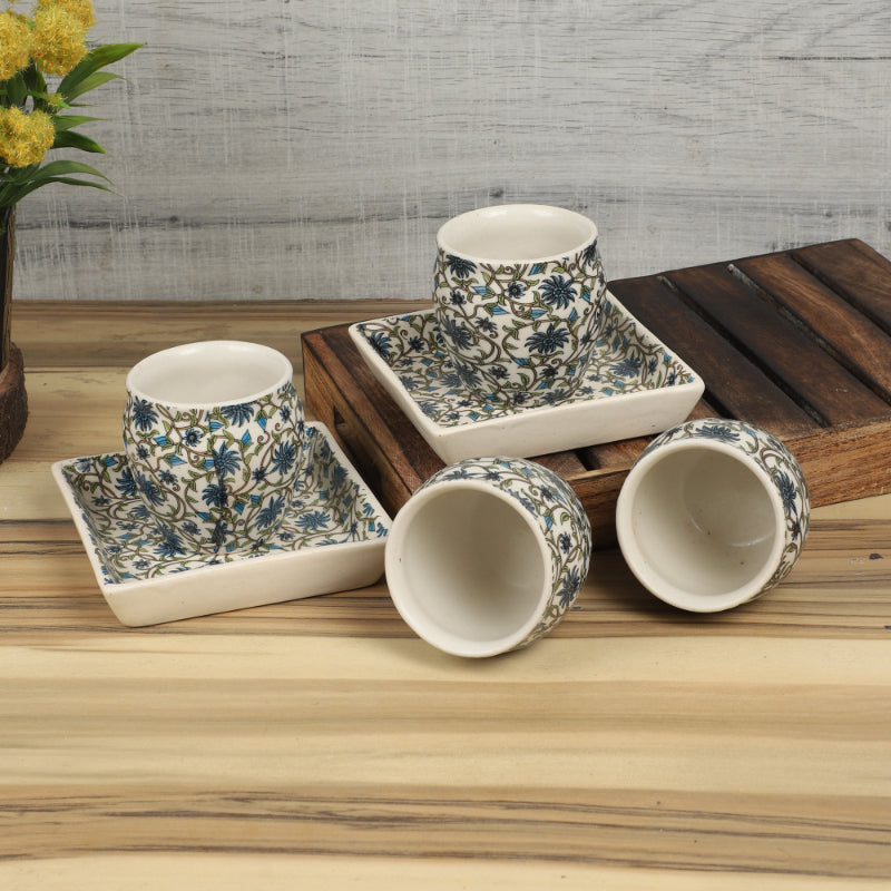 Blue Flower Print Kullad with Tray | Set of 4 Khullads & 2 Trays
