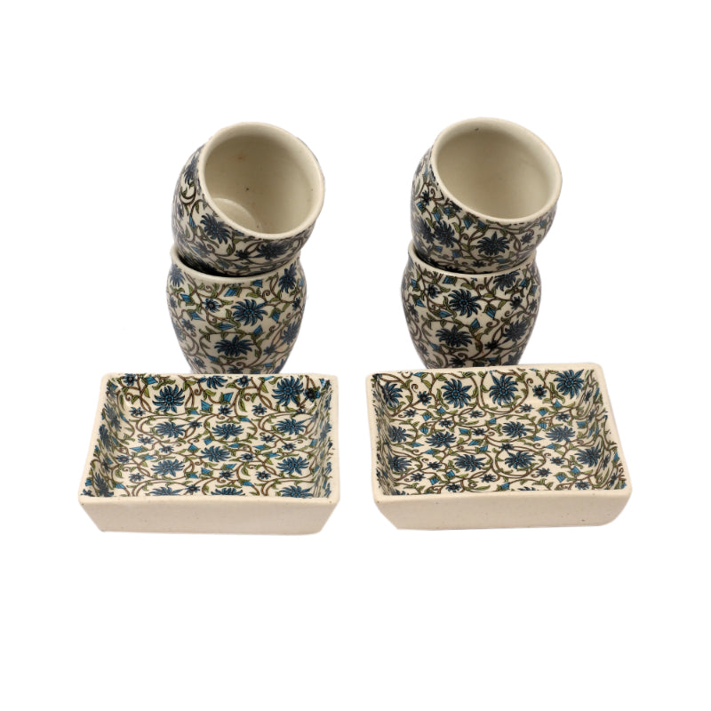 Blue Flower Print Kullad with Tray | Set of 4 Khullads & 2 Trays