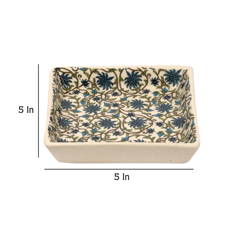 Blue Flower Print Kullad with Tray | Set of 4 Khullads & 2 Trays