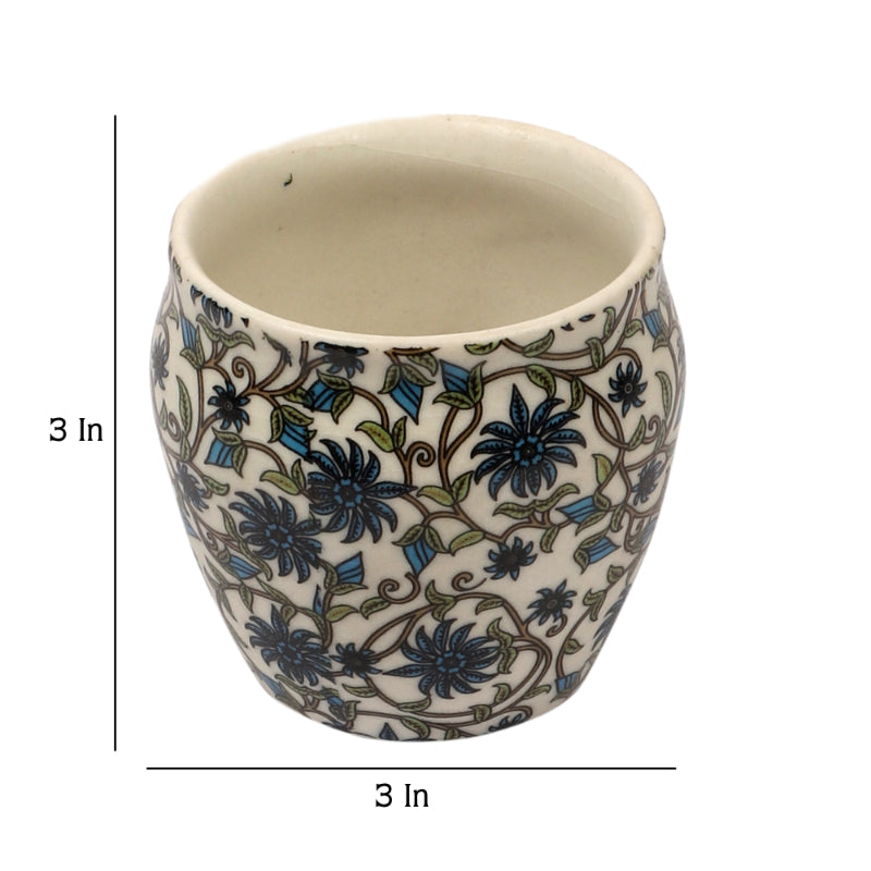 Blue Flower Print Kullad with Tray | Set of 4 Khullads & 2 Trays