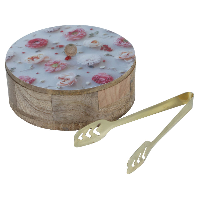 Flower Printed Mango Wood & Steel Roti Box With Tong