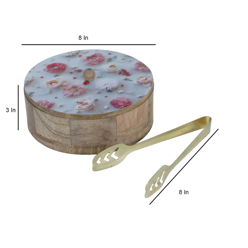 Flower Printed Mango Wood & Steel Roti Box With Tong