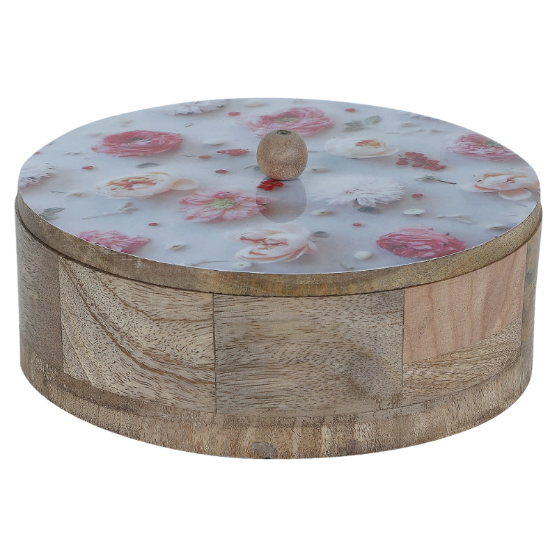 Flower Printed Mango Wood & Steel Roti Box With Tong