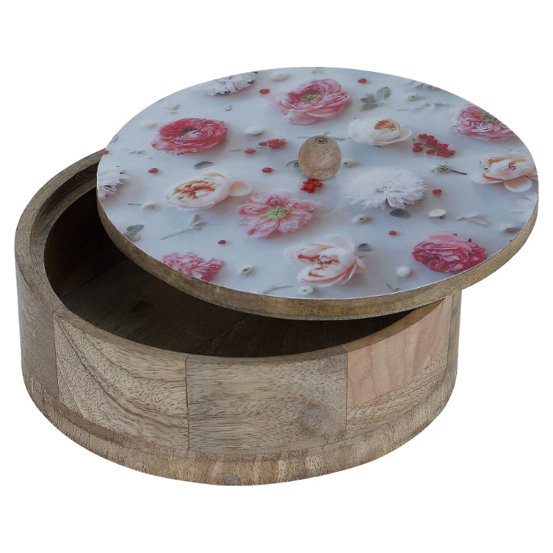Flower Printed Mango Wood & Steel Roti Box With Tong