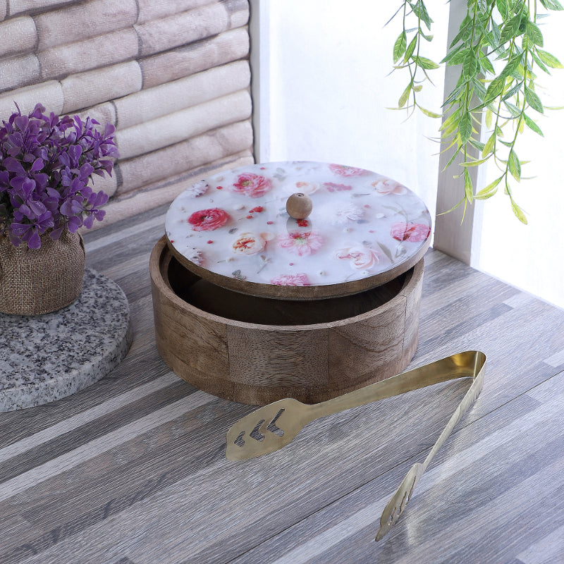 Flower Printed Mango Wood & Steel Roti Box With Tong