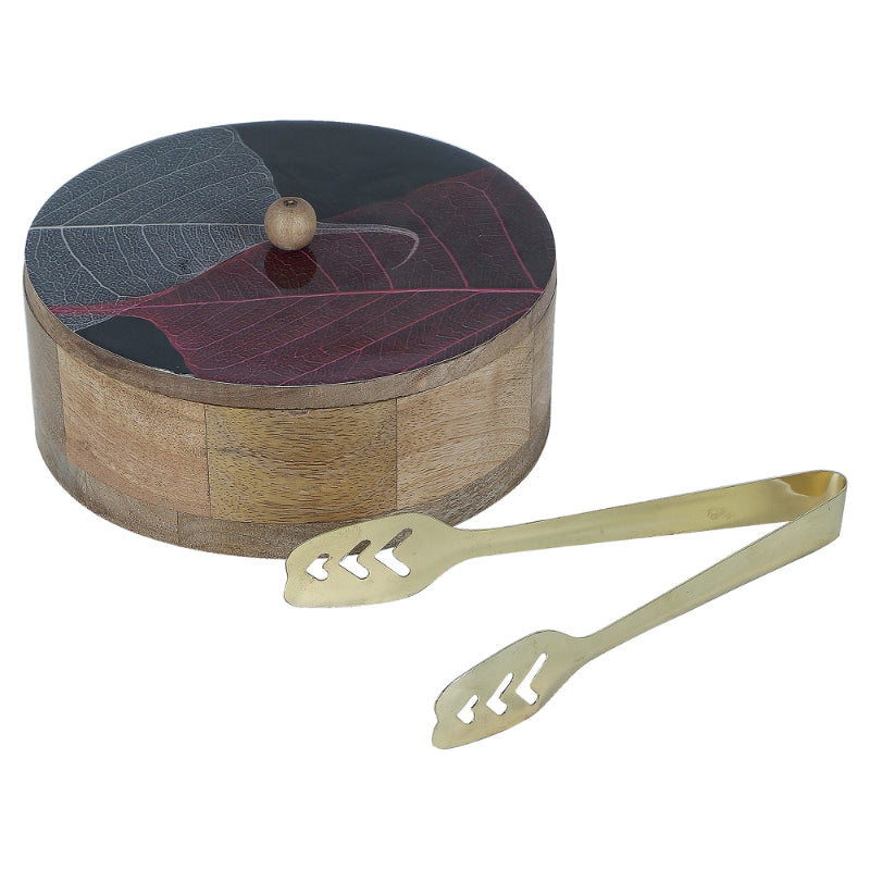 Leaves Printed Mango Wood & Steel Roti Box With Tong