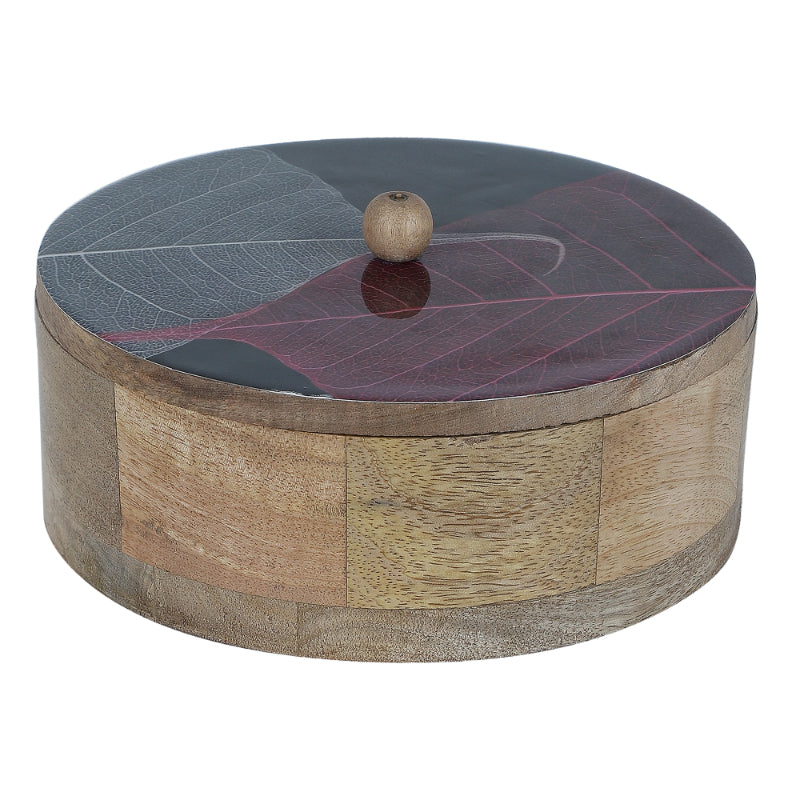 Leaves Printed Mango Wood & Steel Roti Box With Tong