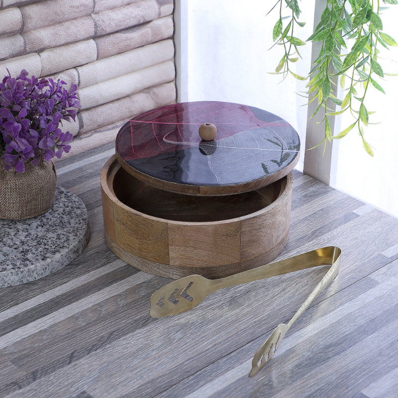 Leaves Printed Mango Wood & Steel Roti Box With Tong