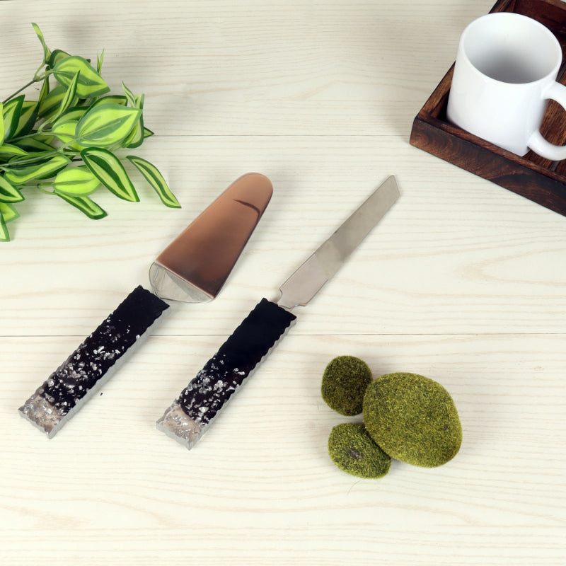 Black & Silver Cake Knife & Servers | Set of 2