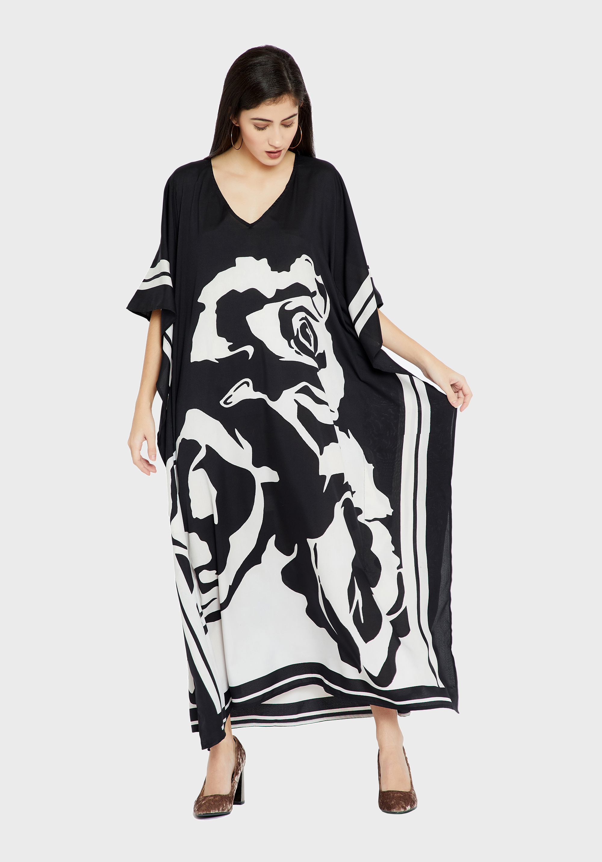 Black White Women Caftan, Soft Satin Silk Caftan