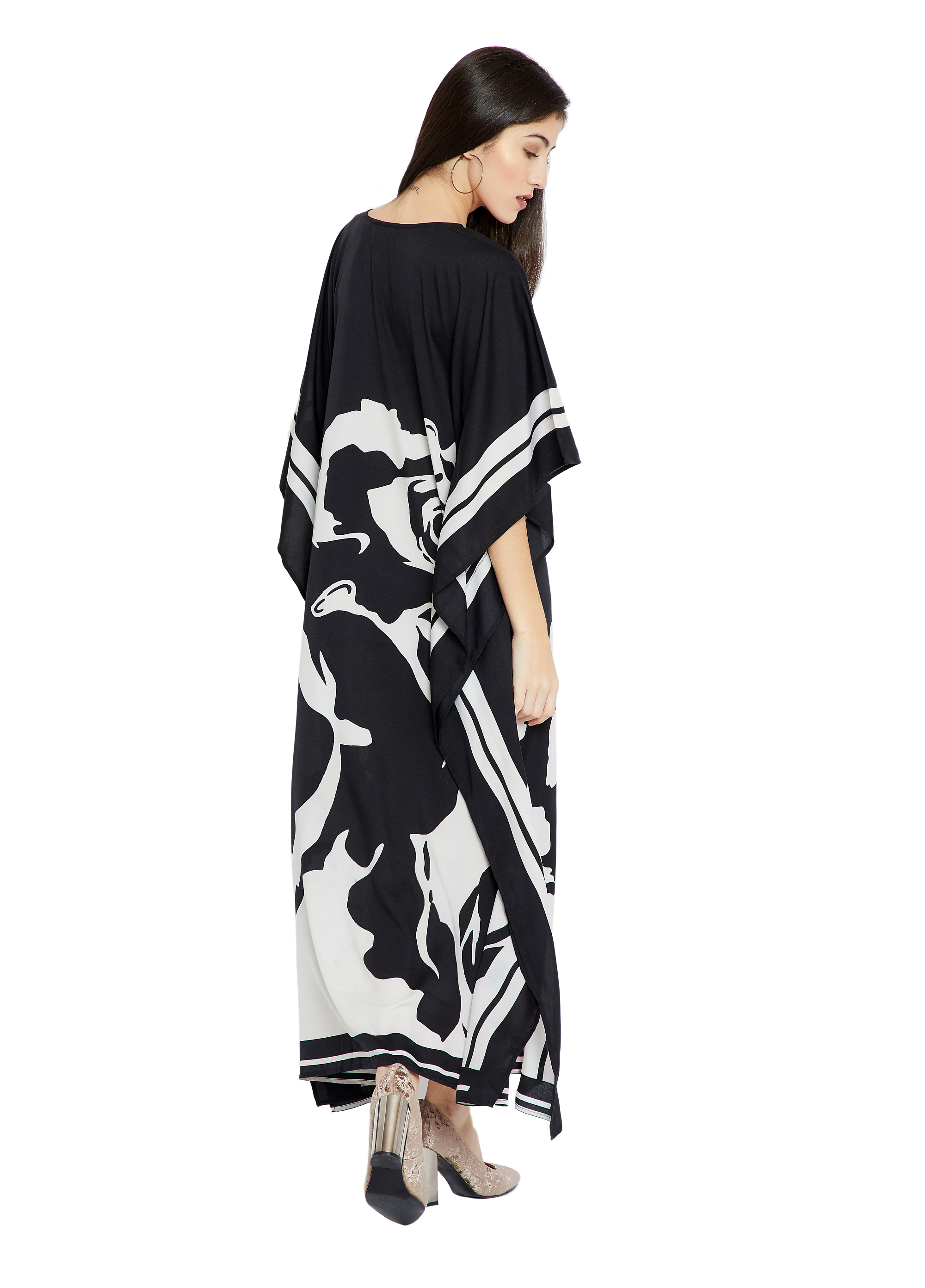 Black White Women Caftan, Soft Satin Silk Caftan