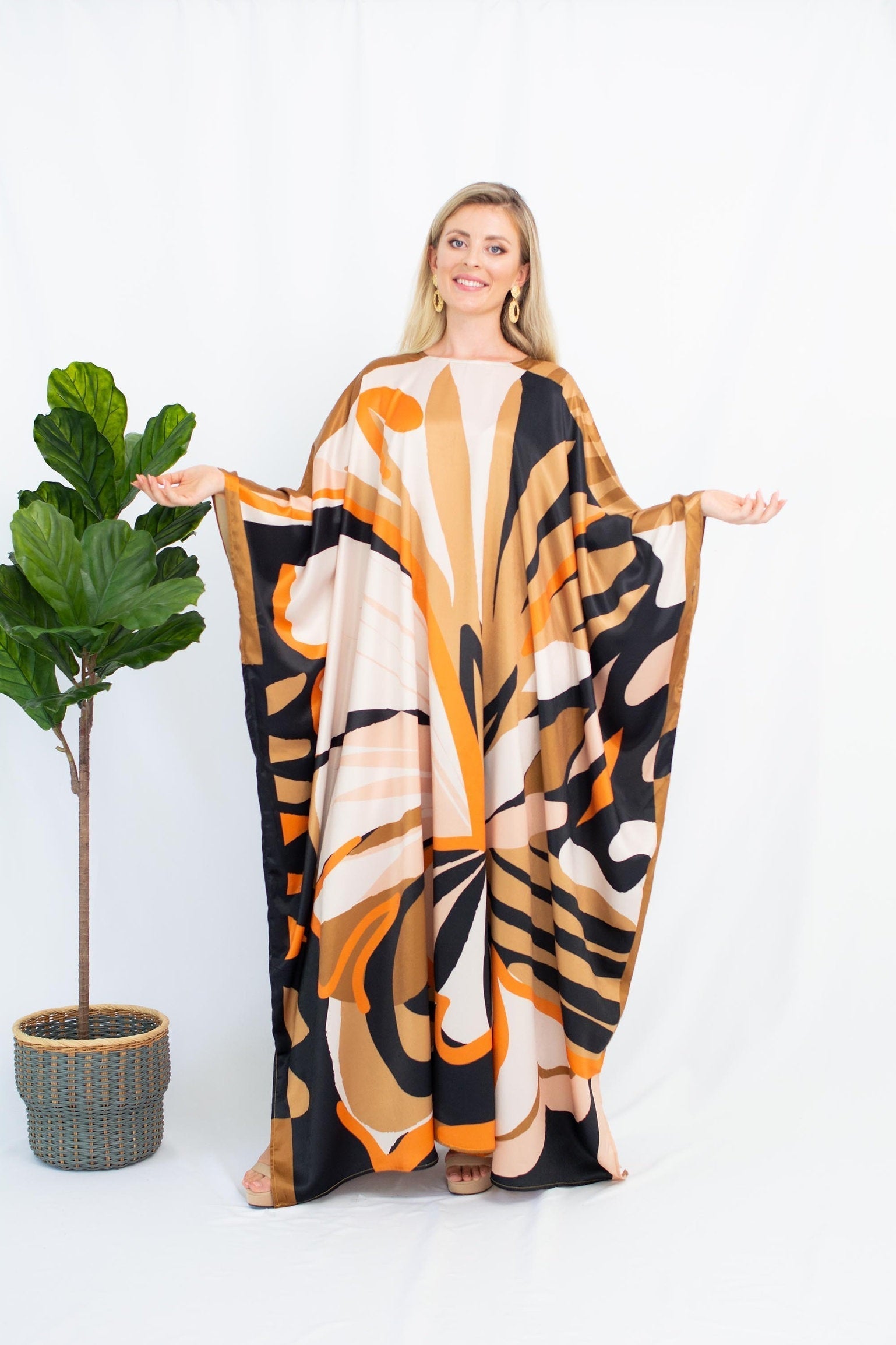 Satin Silk Caftan, Luxury Printed Long Kaftan For Women's
