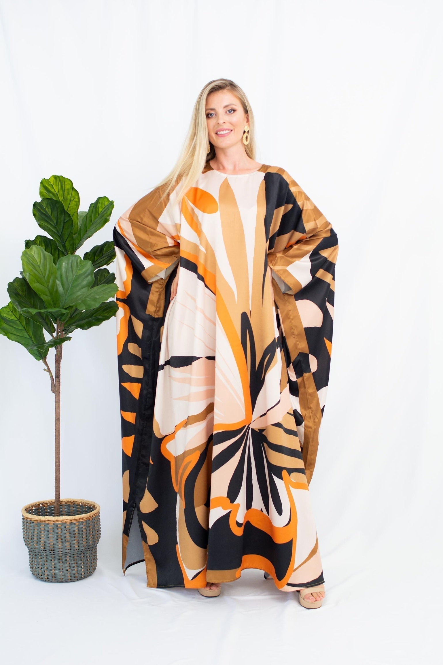 Satin Silk Caftan, Luxury Printed Long Kaftan For Women's