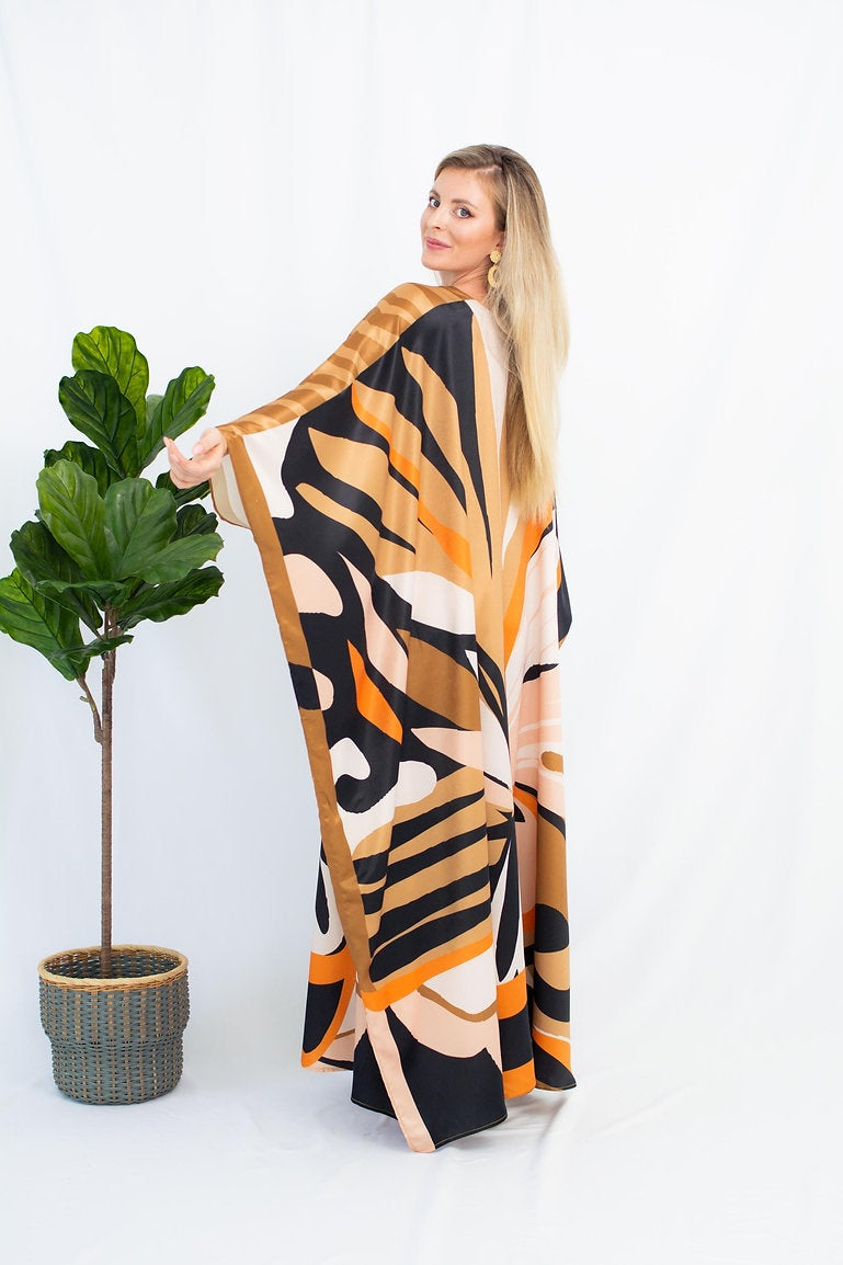 Satin Silk Caftan, Luxury Printed Long Kaftan For Women's