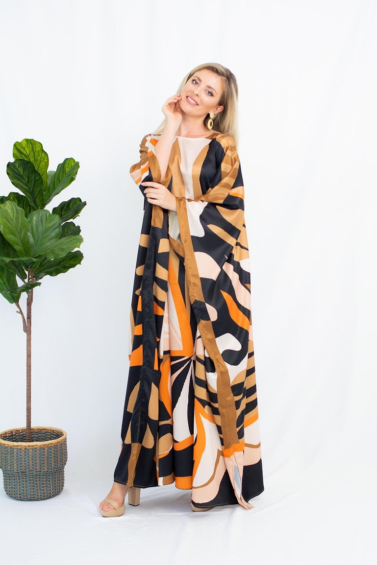 Satin Silk Caftan, Luxury Printed Long Kaftan For Women's
