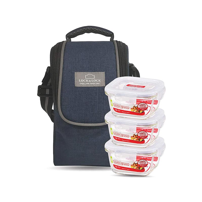 Airtight Glass Food Containers Lunch Box with Blue Bag | Set of 3