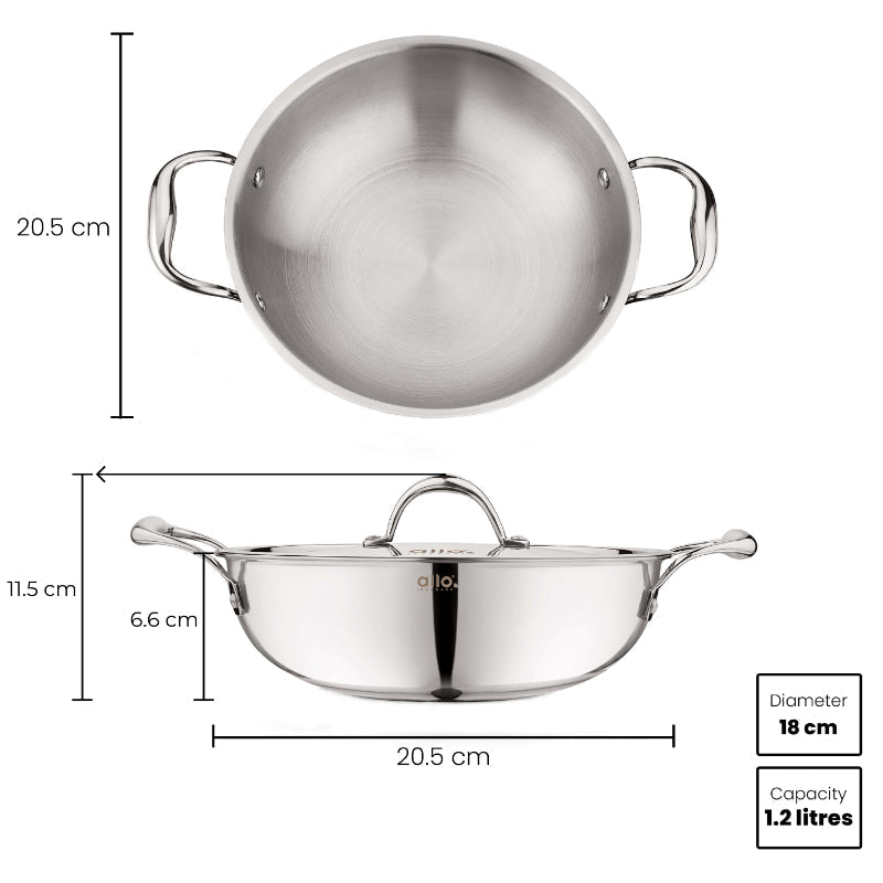 Allo Isla CookSafe Triply Kadhai With Stainless Steel Lid | Non Toxic |1.2L, 1.5L, 2L, 3L, 4L, 5.5L, 6.8L, 7L
