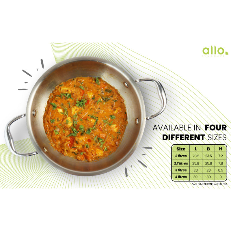 Allo Isla CookSafe Triply Kadhai With Stainless Steel Lid | Non Toxic |1.2L, 1.5L, 2L, 3L, 4L, 5.5L, 6.8L, 7L