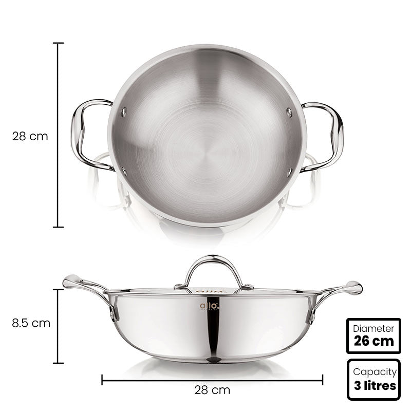 Allo Isla CookSafe Triply Kadhai With Stainless Steel Lid | Non Toxic |1.2L, 1.5L, 2L, 3L, 4L, 5.5L, 6.8L, 7L