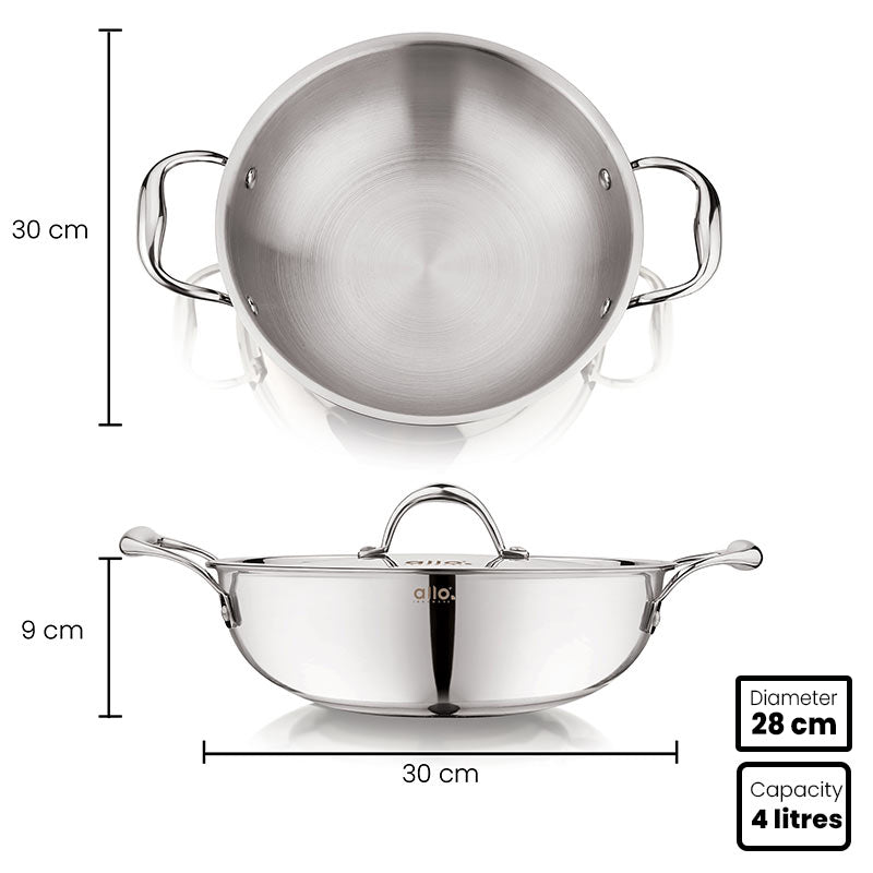 Allo Isla CookSafe Triply Kadhai With Stainless Steel Lid | Non Toxic |1.2L, 1.5L, 2L, 3L, 4L, 5.5L, 6.8L, 7L