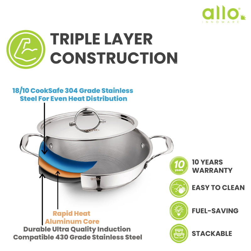 Allo Isla CookSafe Triply Kadhai With Stainless Steel Lid | Non Toxic |1.2L, 1.5L, 2L, 3L, 4L, 5.5L, 6.8L, 7L
