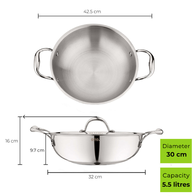 Allo Isla CookSafe Triply Kadhai With Stainless Steel Lid | Non Toxic |1.2L, 1.5L, 2L, 3L, 4L, 5.5L, 6.8L, 7L