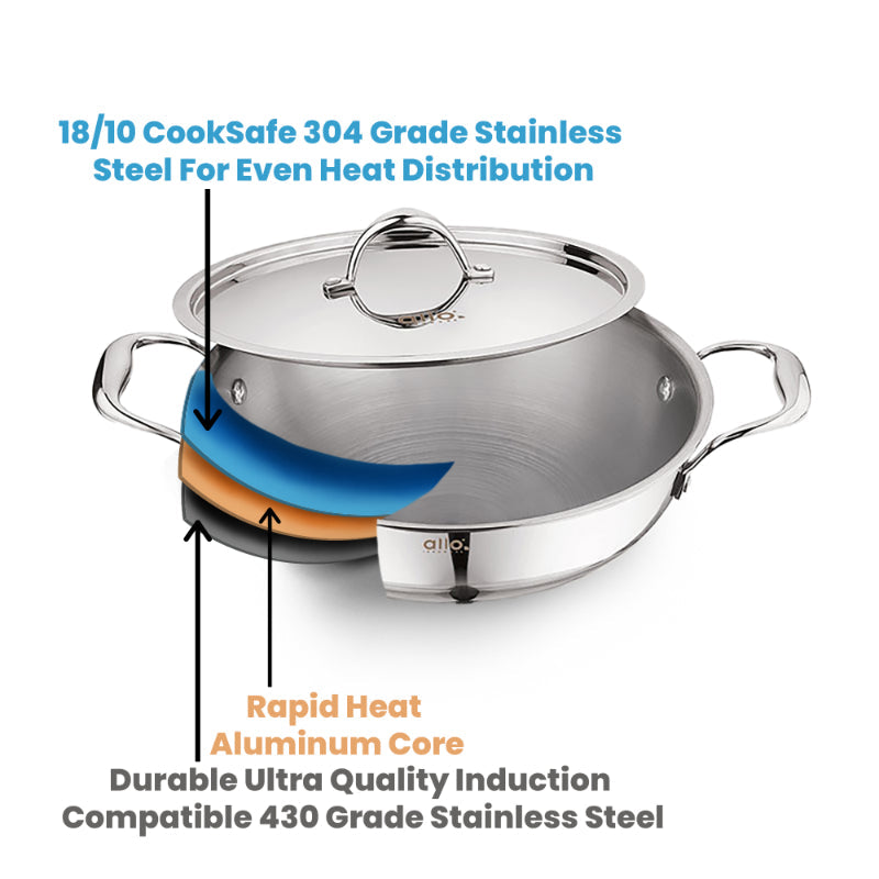 Allo Isla CookSafe Triply Kadhai With Stainless Steel Lid | Non Toxic |1.2L, 1.5L, 2L, 3L, 4L, 5.5L, 6.8L, 7L