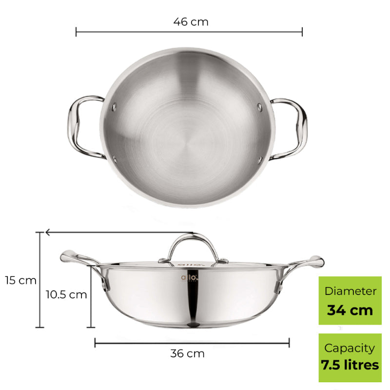 Allo Isla CookSafe Triply Kadhai With Stainless Steel Lid | Non Toxic |1.2L, 1.5L, 2L, 3L, 4L, 5.5L, 6.8L, 7L