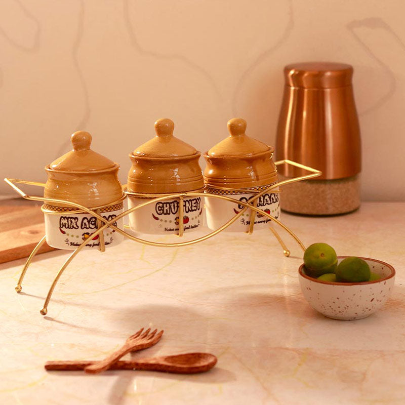 Handcrafted Jar Conatiner with Lid & Metal Stand | 300 ml | Set of 3