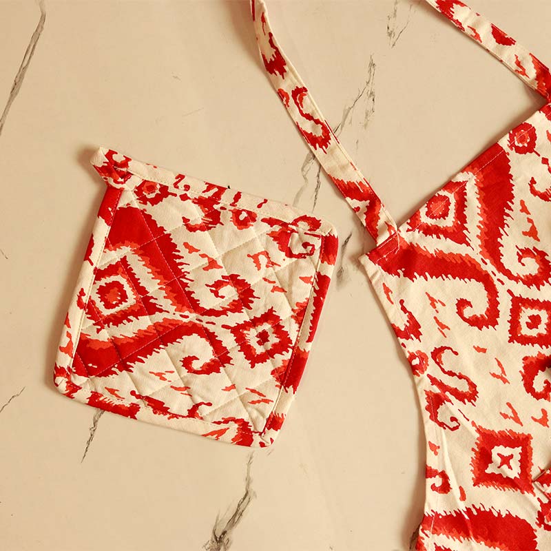 Red Paisley Kitchen Apron, Glove & Potholder Set