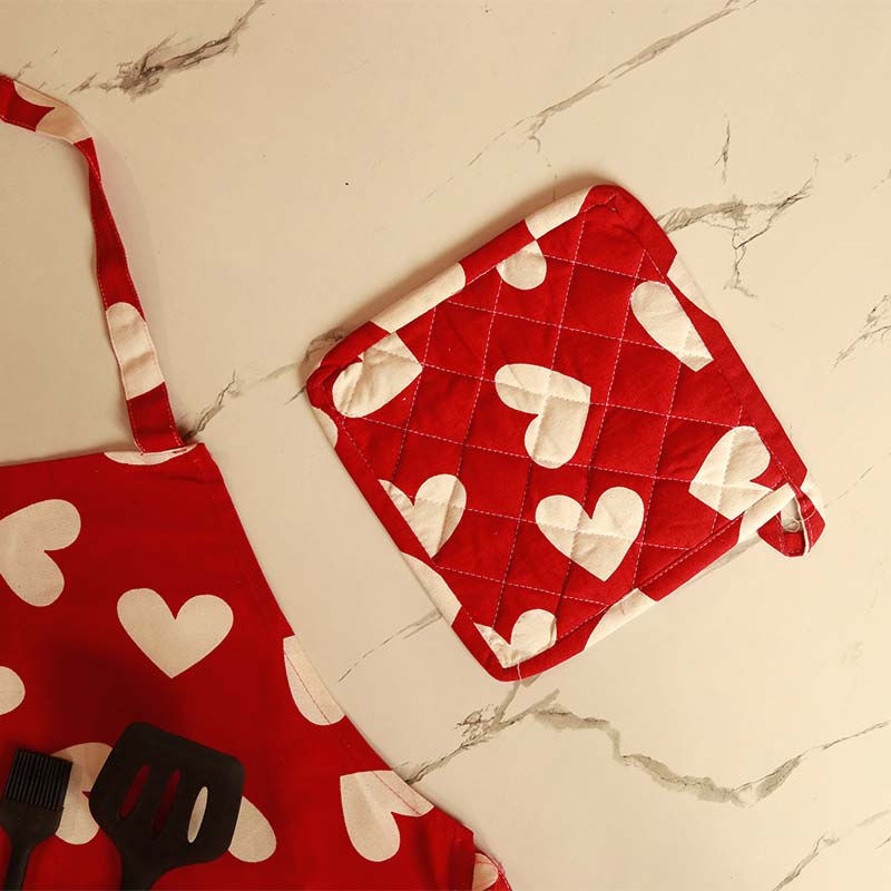 Red & White Heart Kitchen Apron, Glove & Potholder Set