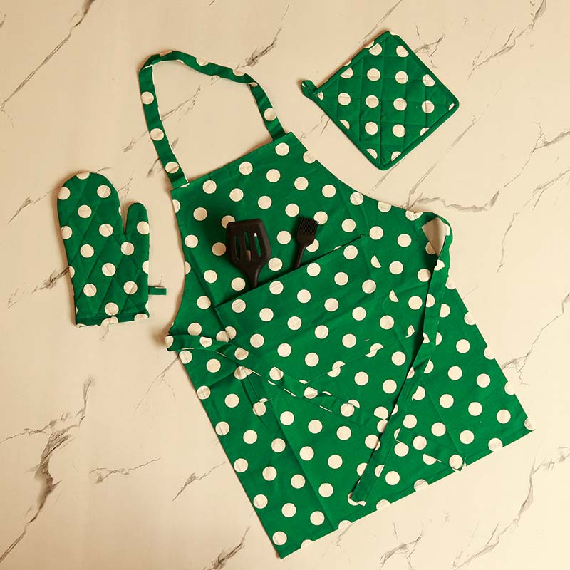 Green Polka Dot Kitchen Apron, Glove & Potholder Set