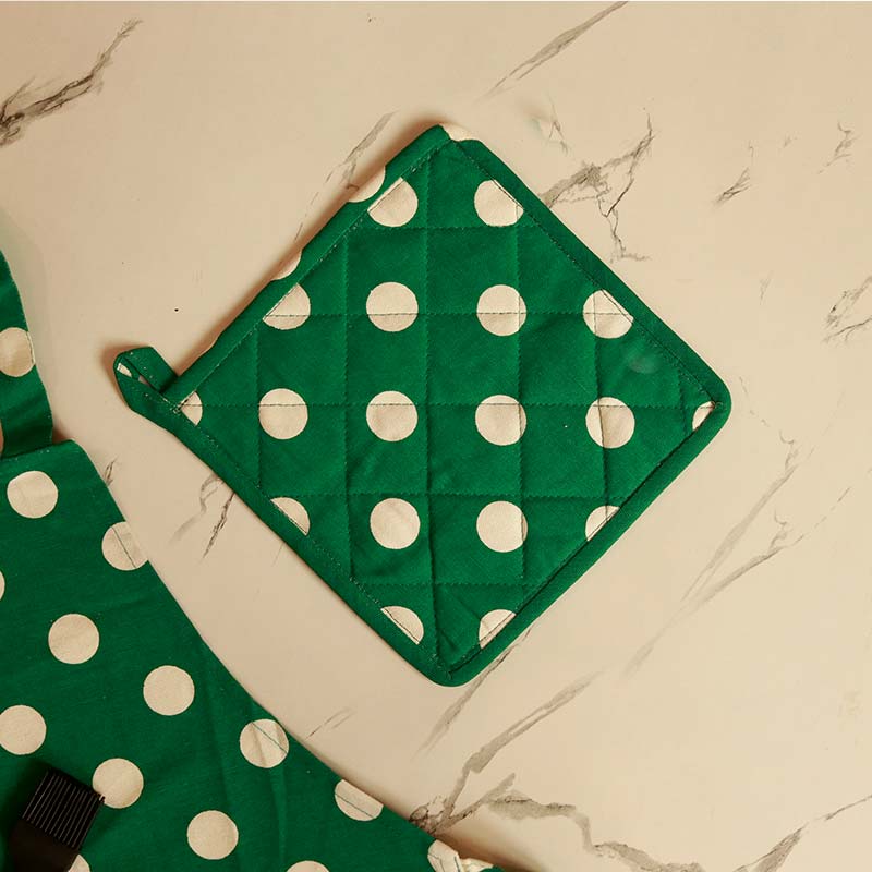 Green Polka Dot Kitchen Apron, Glove & Potholder Set